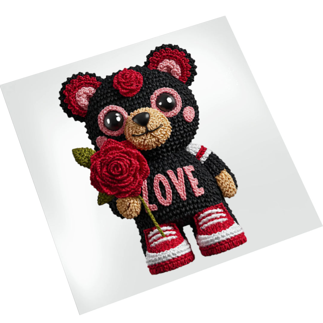 Valentine bear rose DTF transfer on white background showing knitted texture details and vibrant red accents