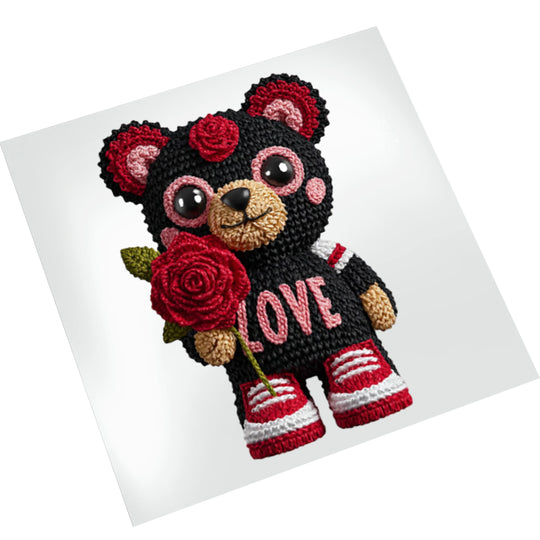 Valentine bear rose DTF transfer on white background showing knitted texture details and vibrant red accents