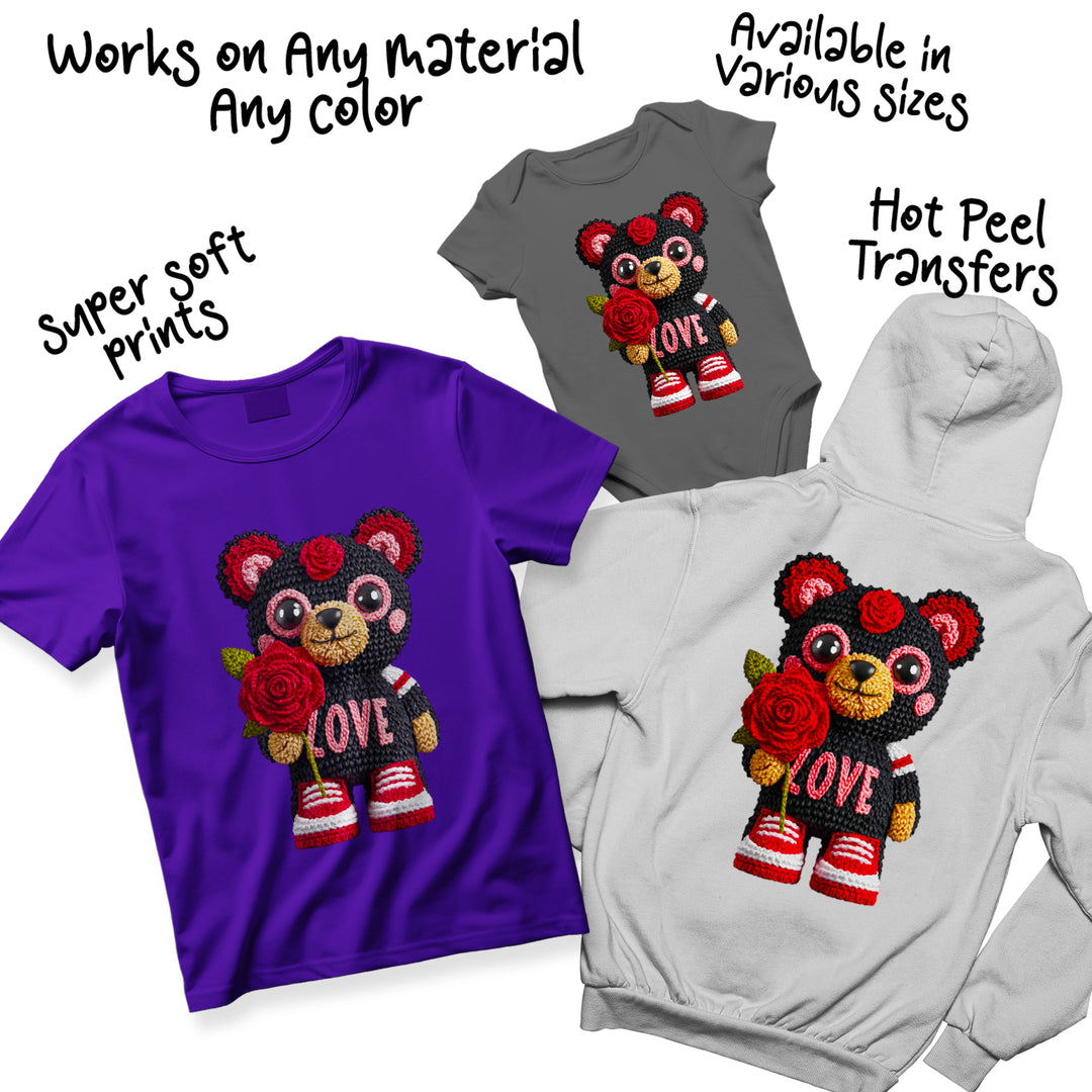 Multiple color variations of Valentine bear DTF transfer design showing different background and accent options