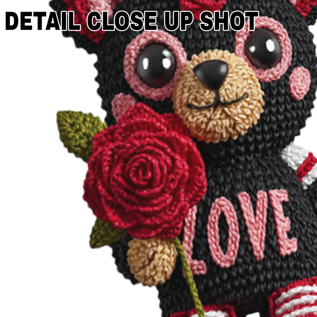 Valentine DTF transfer featuring a black textured bear holding a red rose with LOVE text and dimensional yarn-like appearance