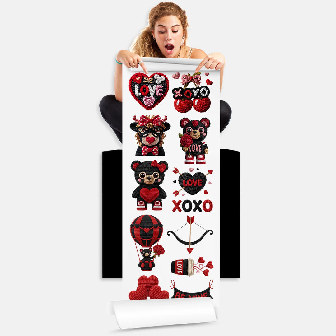 Person holding Valentine's Day Beary Love DTF gang sheet with 12 adorable bear designs featuring hearts and love quotes