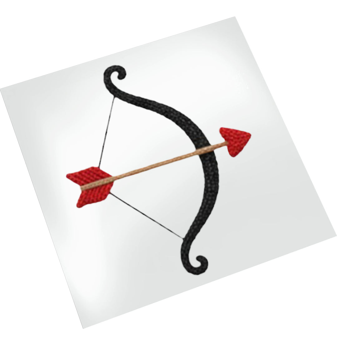 Cupid's bow Valentine DTF transfer displayed on white background showing detailed yarn texture and red arrow fletching