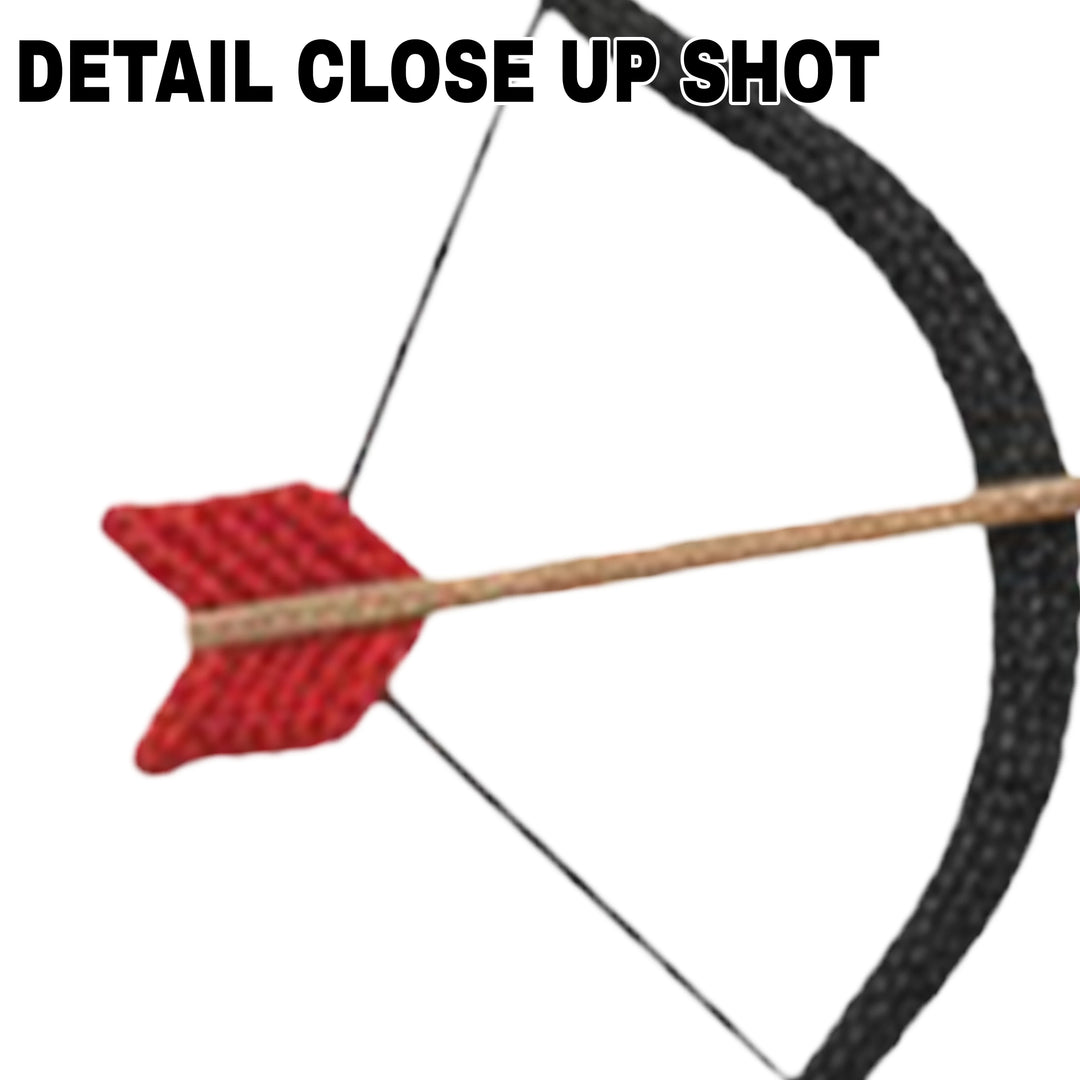 Valentine DTF transfer showing Cupid's bow and arrow with yarn-like textured design in red and black colors on clear backing