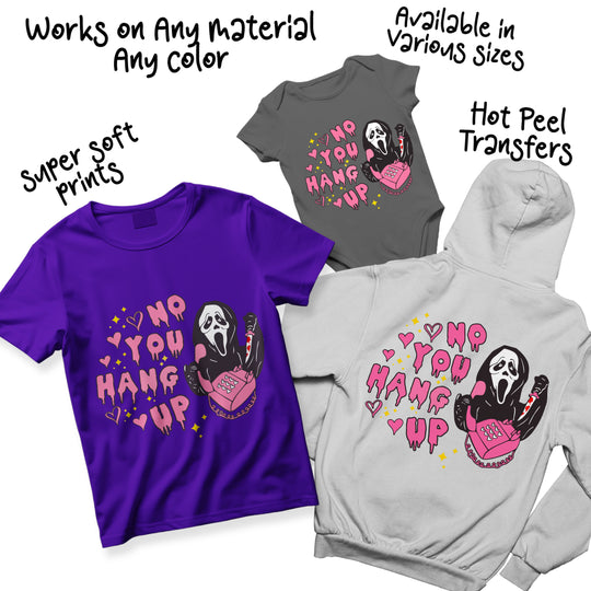 Valentine Ghostface DTF transfer showing color variations of the No You Hang Up design with different pink and black combinations for custom apparel