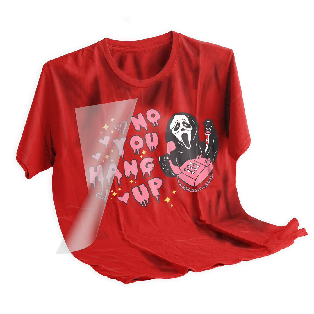 Valentine DTF transfer applied to black t-shirt showing Ghostface No You Hang Up design heat pressed on garment demonstrating final application results
