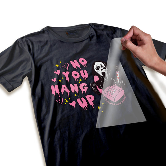 Close-up detail shot of Valentine Ghostface DTF transfer showing high-quality printing of dripping pink text effects and character details with hearts and sparkles