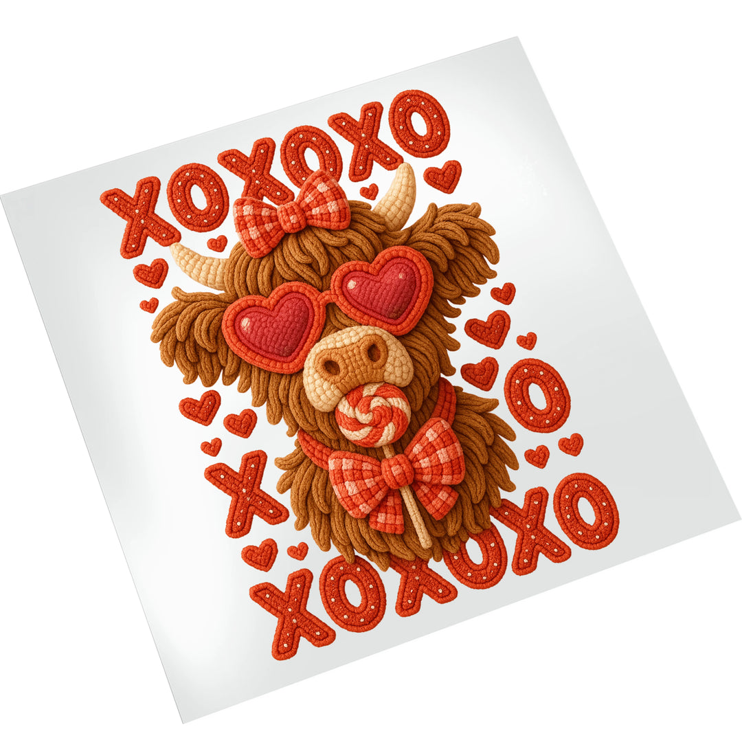 Highland cow Valentine's day heat transfer design with textured yarn-like fur and red accents shown on clean white background for size reference