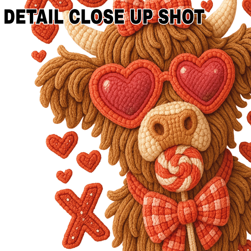 Highland cow Valentine's DTF transfer with red heart sunglasses, bow tie, and XOXO lettering surrounded by hearts on white background