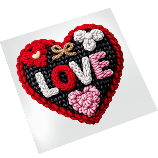 Faux yarn Valentine heart DTF transfer on white background showing detailed knitted texture appearance with dimensional floral elements and love text