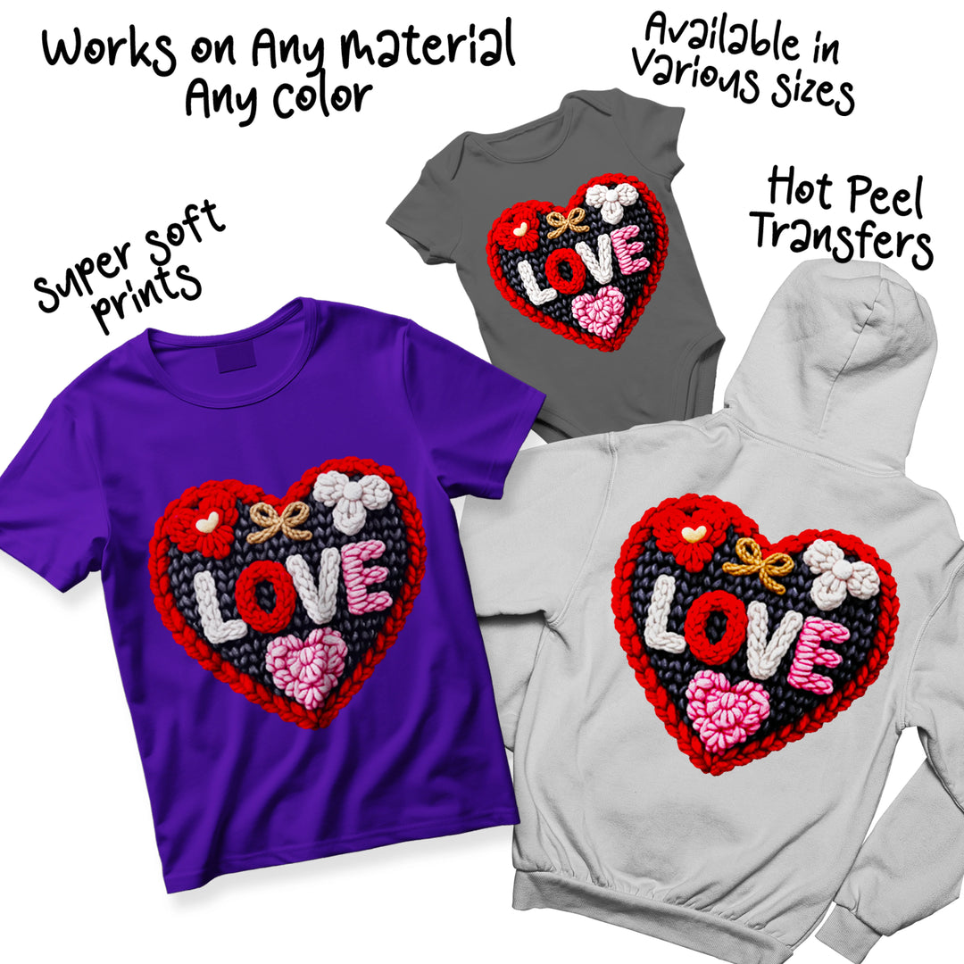 Multiple color variations of the textured Valentine love heart DTF transfer showing different yarn-like color combinations and floral accent options