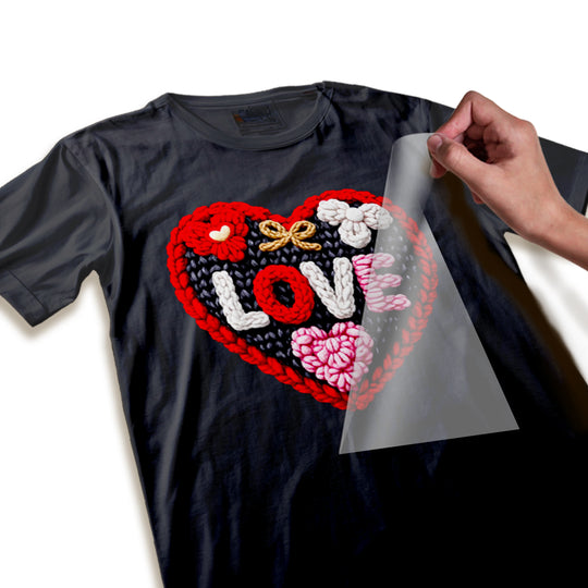 Close-up detail of the faux yarn Valentine DTF transfer showing the realistic knitted texture, dimensional flowers, and raised lettering effects