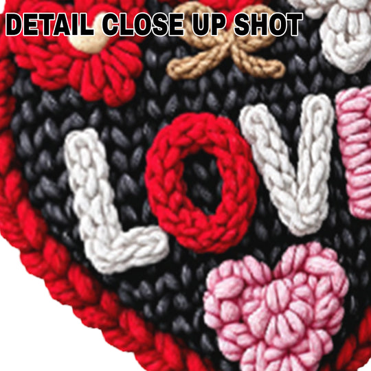 Valentine's Day DTF transfer featuring a black heart with red border and faux yarn textured 'LOVE' text decorated with dimensional knitted flowers in pink and white