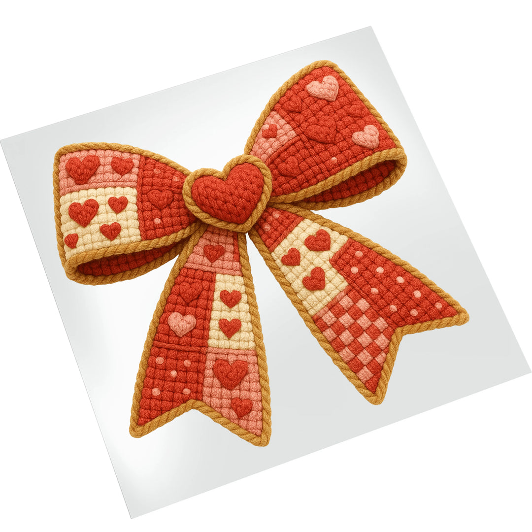 Knitted heart bow Valentine DTF transfer displayed on white background showing detailed yarn texture and quilted heart patterns