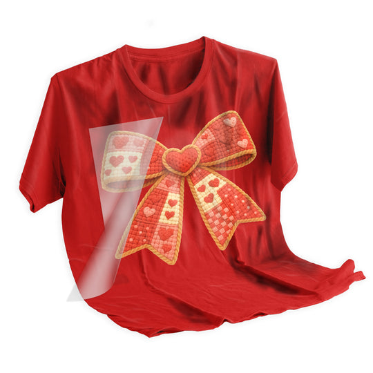 Applied knitted heart bow Valentine DTF transfer on t-shirt showing realistic yarn texture and professional heat press results