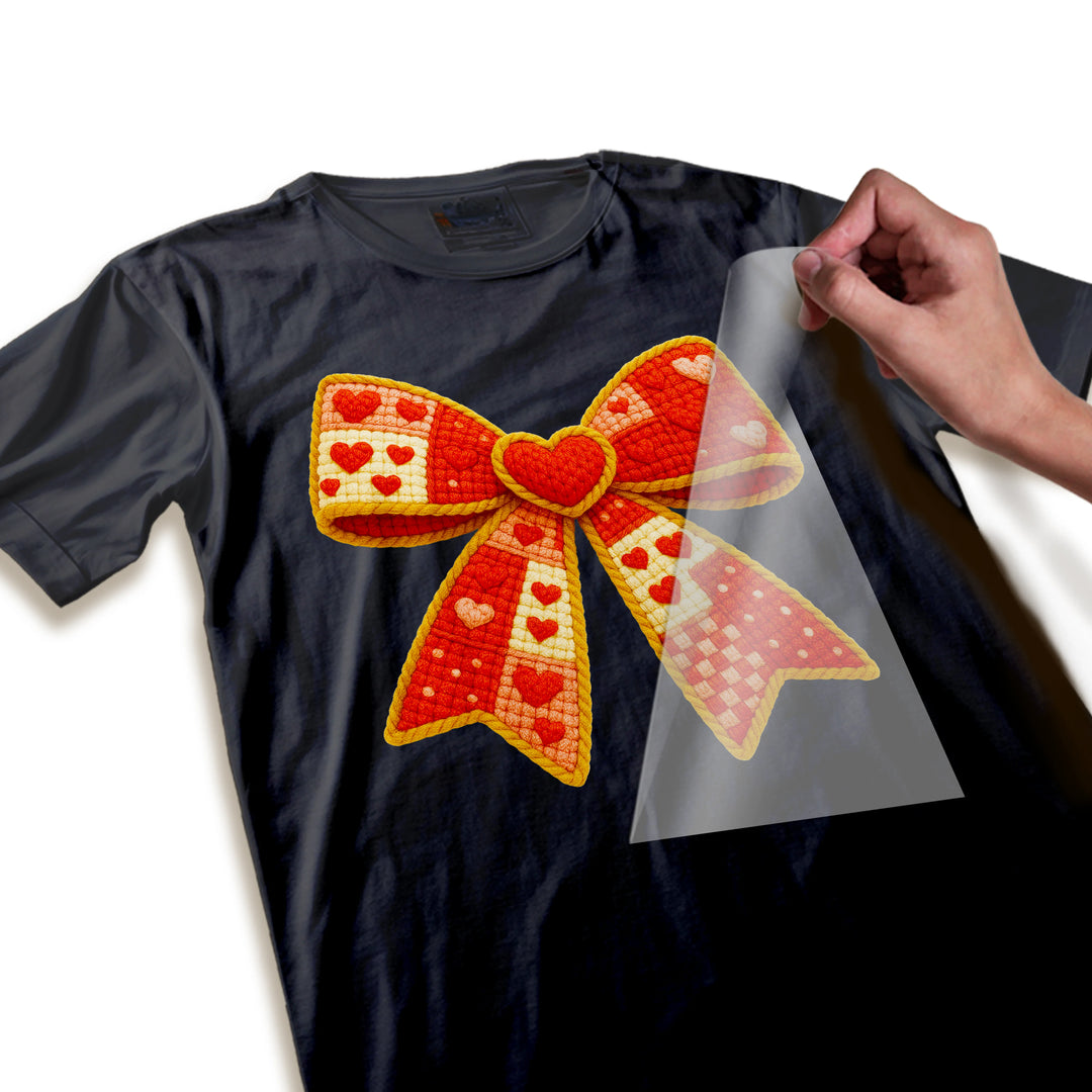 Close-up detail of knitted heart bow DTF transfer showing intricate yarn textures, patchwork hearts, and quality printing