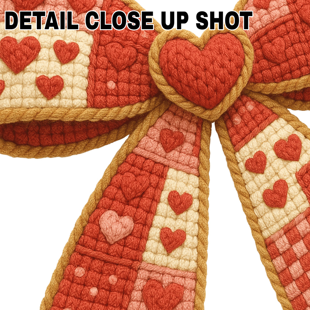 Valentine DTF transfer design featuring a knitted-style heart bow with patchwork patterns in pink and red yarn textures