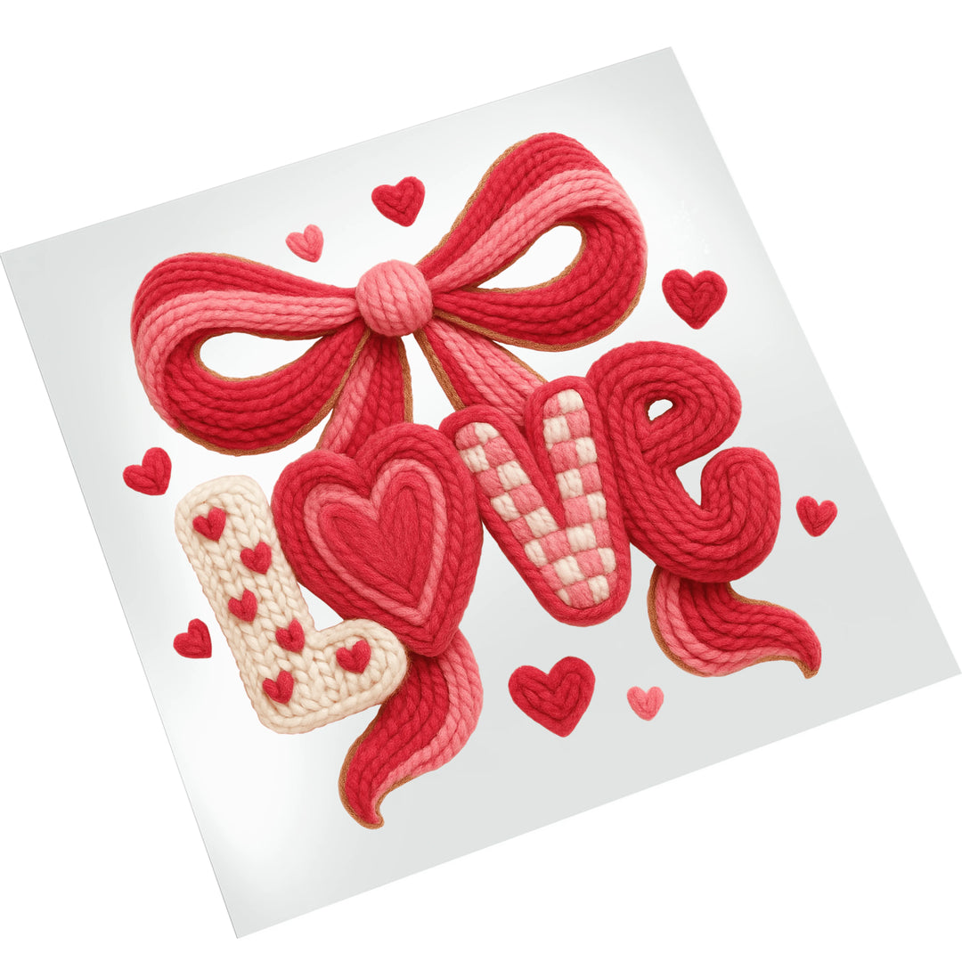 Valentine love bow DTF transfer displayed on white background showing red and pink rope-textured lettering with heart accents