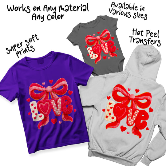 Multi-color variation of Valentine love bow DTF transfer showing different colorway options for custom apparel applications