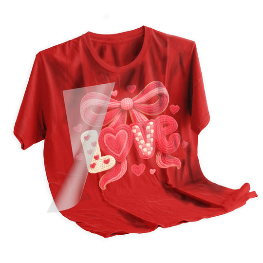 Valentine love bow DTF transfer applied to shirt showing professional heat press application results with vibrant colors
