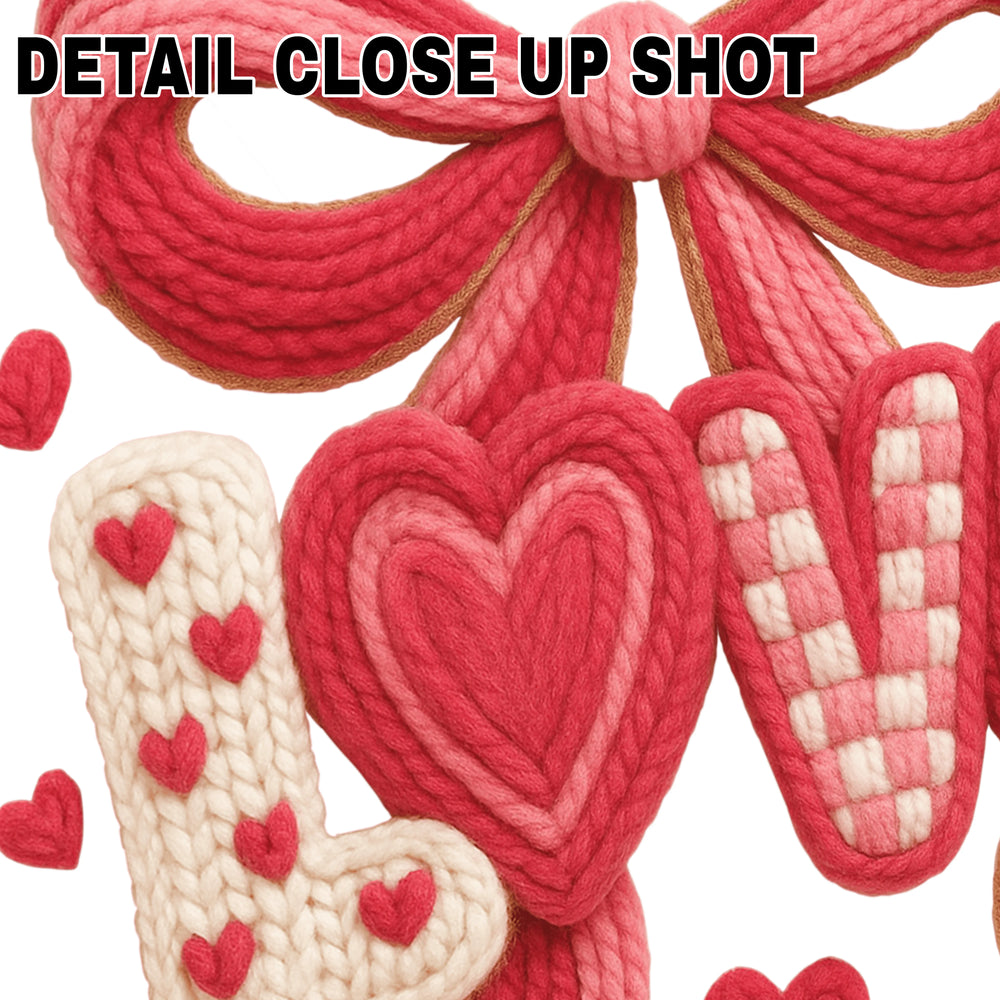 Valentine DTF transfer design featuring the word LOVE in red rope-style lettering with decorative bow and scattered hearts on transparent background