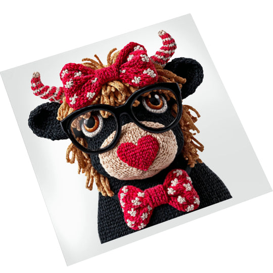 Highland cow Valentine DTF transfer mockup showing knitted texture details with glasses and festive red accessories ready to press