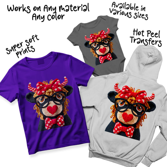 Multi-color Highland cow Valentine DTF transfer variations showing different colorway options for seasonal apparel designs