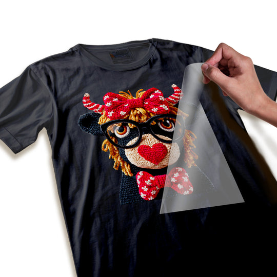 Close-up detail of Highland cow Valentine DTF transfer showing knitted yarn-like texture and crisp red pattern definition