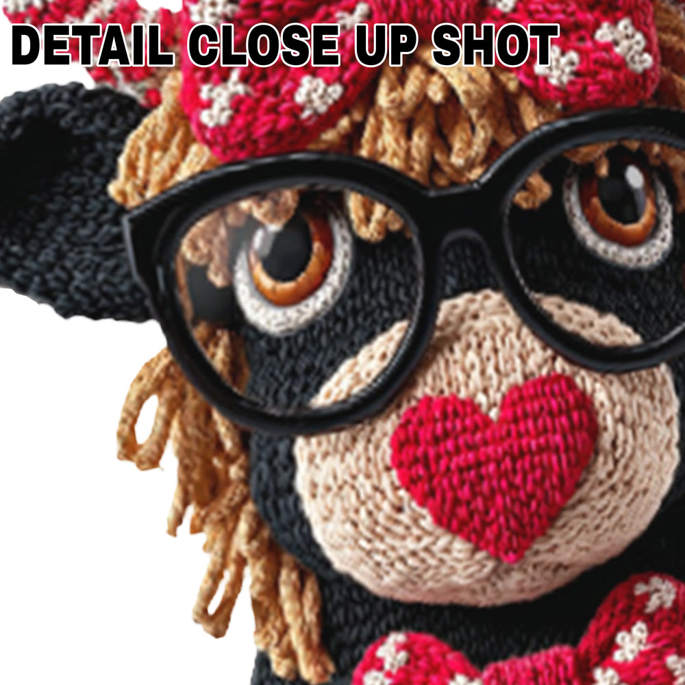 Valentine's Day Highland cow DTF transfer design featuring brown textured cow with black glasses, red patterned bow tie and hair bow on white background