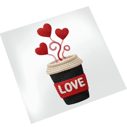 Valentine coffee cup DTF transfer on white background showing knitted yarn texture effect with floating heart steam