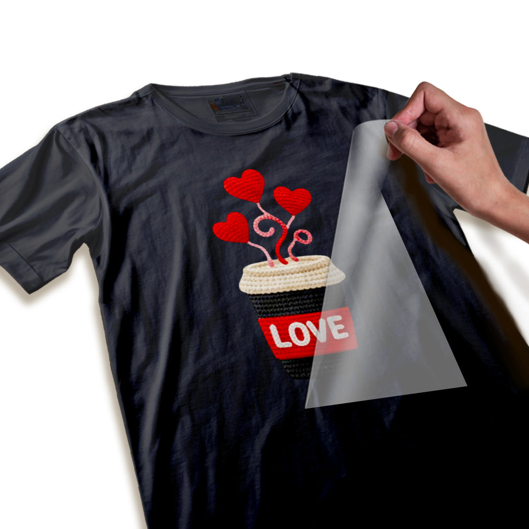 Close-up detail of Valentine DTF transfer showing yarn-like texture quality and vibrant red heart elements