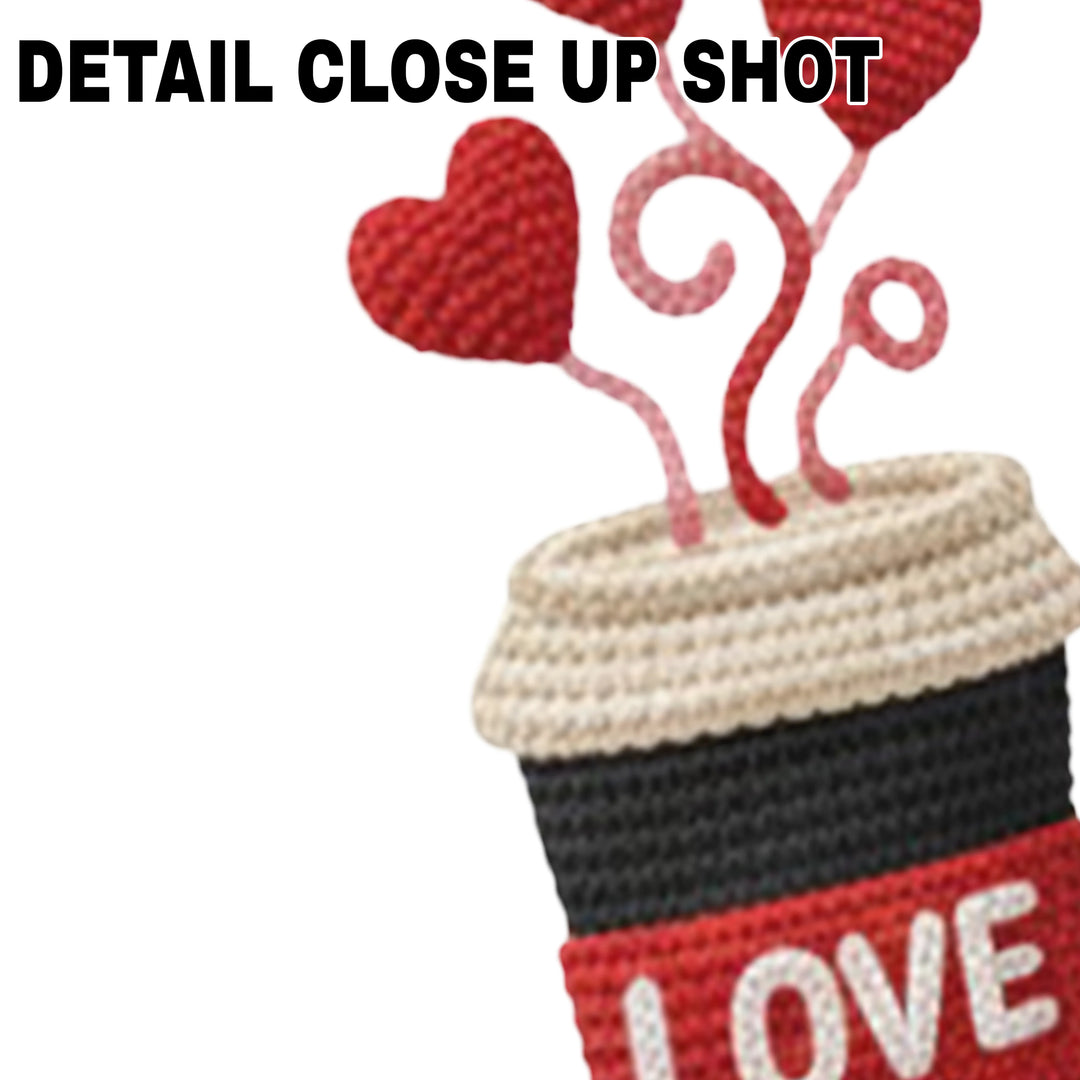 Valentine's Day DTF transfer design showing textured coffee cup with red hearts floating as steam and LOVE text on red band
