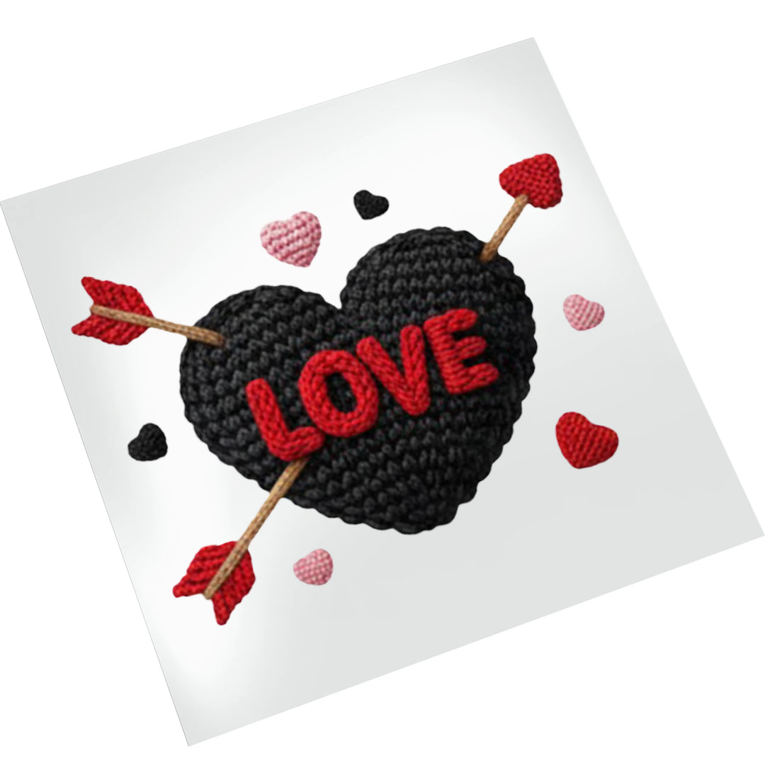 Knit heart Valentine DTF transfer on white background showing dimensional texture and vibrant red and black colors with arrow detail