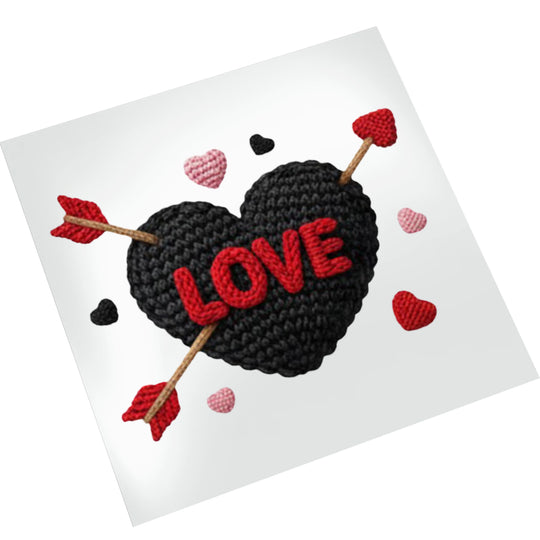 Knit heart Valentine DTF transfer on white background showing dimensional texture and vibrant red and black colors with arrow detail