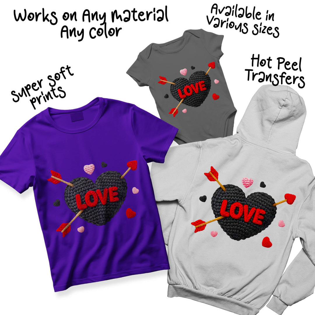 Multiple color variations of the knit heart love DTF transfer showing different color combinations for Valentine's Day designs
