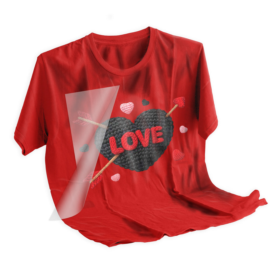 Valentine knit heart DTF transfer applied to dark colored t-shirt showing final pressed result with textured appearance