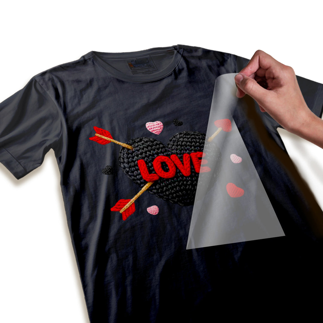 Close-up detail of knit heart Valentine DTF transfer showing dimensional texture and crisp LOVE lettering quality