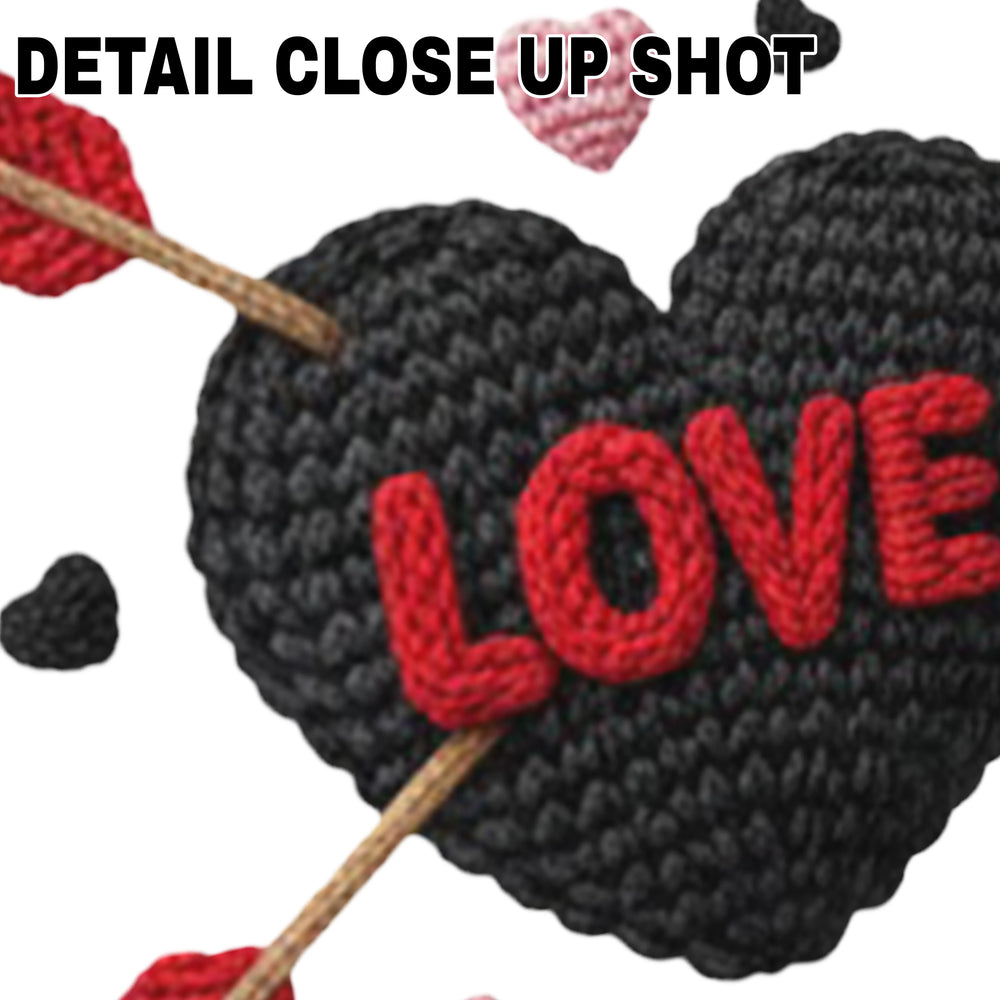 Valentine's Day DTF transfer design featuring black knit-textured heart with red LOVE lettering and arrow piercing through, surrounded by small decorative hearts