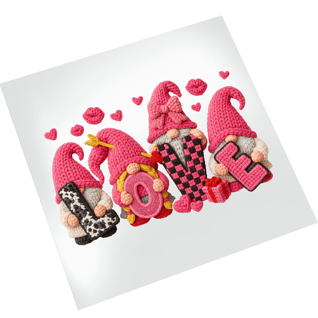 Valentine love gnomes DTF transfer on white background showing detailed knit texture and dimensional yarn-style lettering with pink and red colors