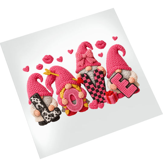 Valentine love gnomes DTF transfer on white background showing detailed knit texture and dimensional yarn-style lettering with pink and red colors