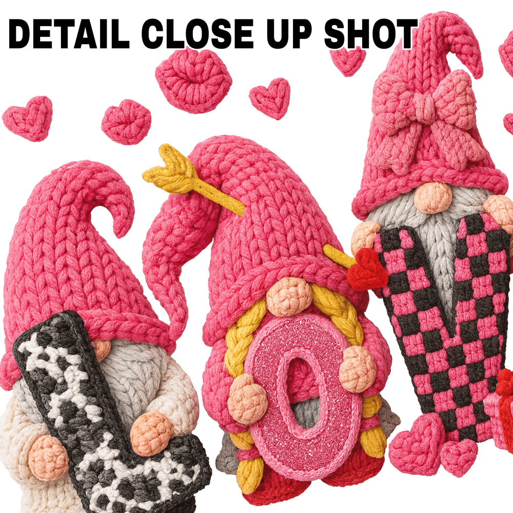 Valentine DTF transfer design featuring four adorable gnomes with pink knitted hats spelling out LOVE with yarn-textured letters and floating hearts