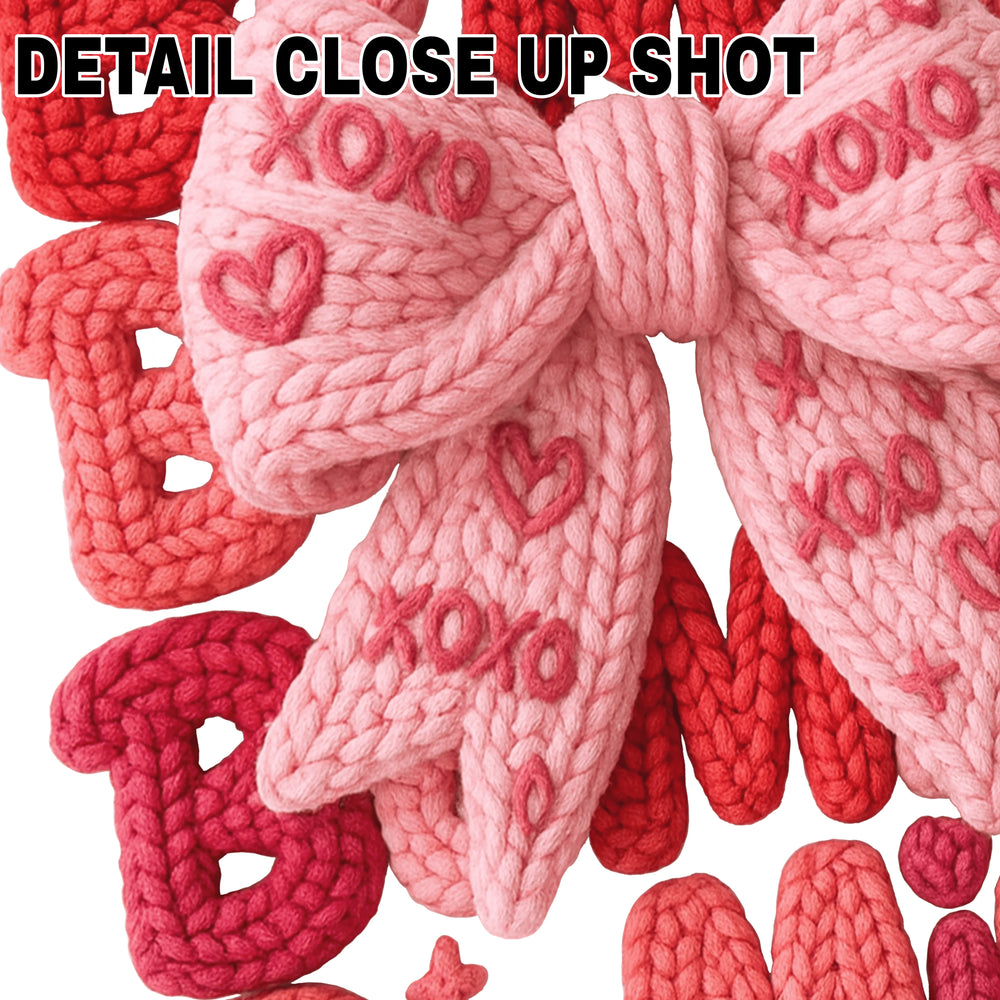 Valentine's Day DTF transfer design featuring Be Mine text in knitted rope style with pink bow and XOXO details on transparent background
