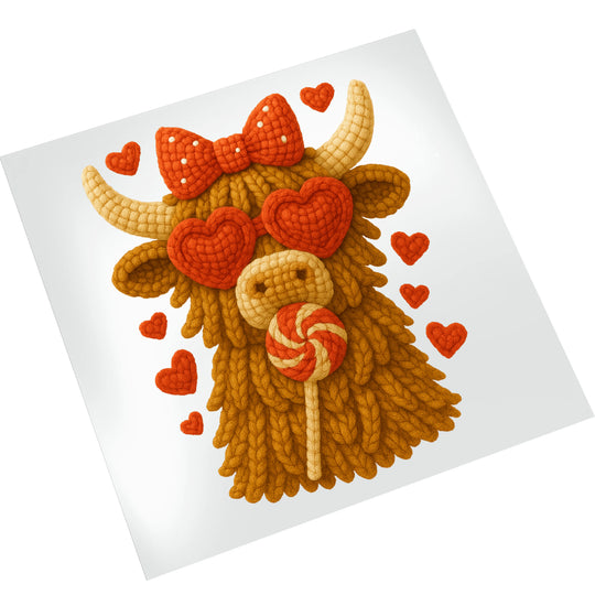 Highland cow Valentine DTF transfer on white background showing red hearts, bow, and cream-colored textured cow design