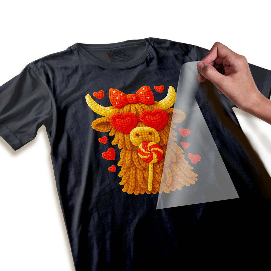 Close-up detail of Valentine highland cow DTF transfer showing textured yarn-like surface and dimensional red hearts