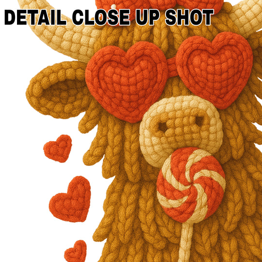 Valentine's Day DTF transfer design featuring a textured highland cow with red rope-style hearts and polka dot bow