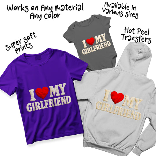 Valentine DTF transfer color variations of I Love My Girlfriend design showing different color combinations with knitted texture appearance