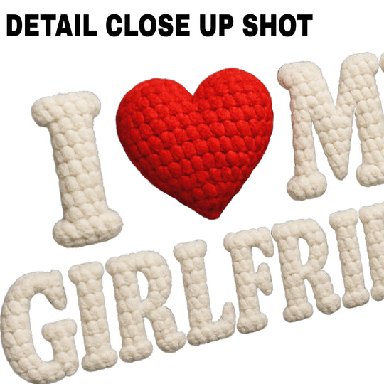 Valentine DTF transfer design showing I Love My Girlfriend text with red knitted heart and cream yarn-textured letters on white background