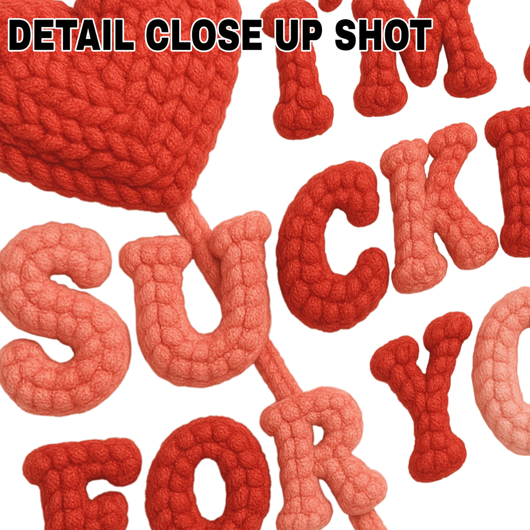 Valentine's Day DTF transfer design featuring red textured lettering spelling I'm A Sucker For You with heart-shaped lollipop graphic on white background