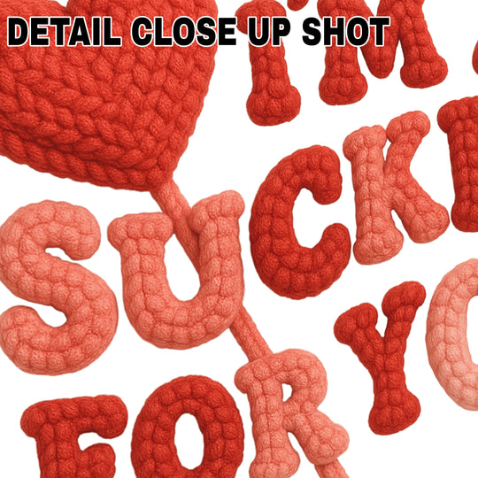 Valentine's Day DTF transfer design featuring red textured lettering spelling I'm A Sucker For You with heart-shaped lollipop graphic on white background