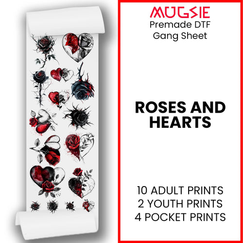 Valentine's DTF Transfers Roses Hearts Gang Sheet title graphic showing 16 romantic design collection
