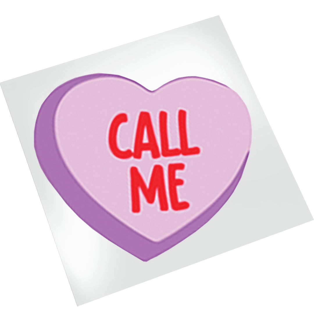 Call Me candy heart Valentine DTF transfer displayed on white background showing dimensional purple heart design